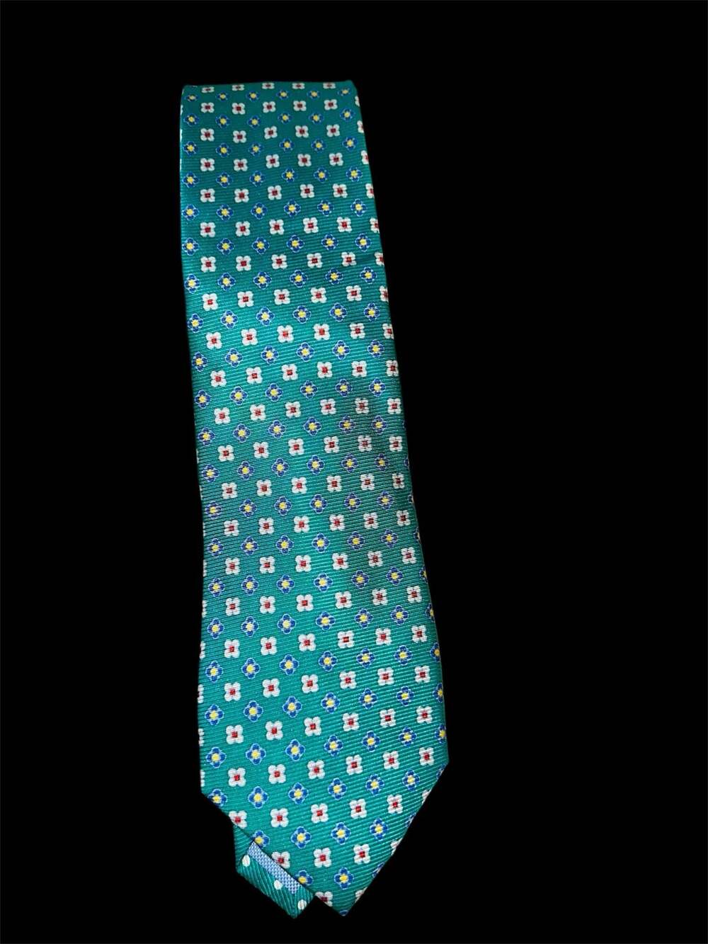 Tommy Hilfiger Men's Green Floral Geometric Pattern 100% Silk Necktie